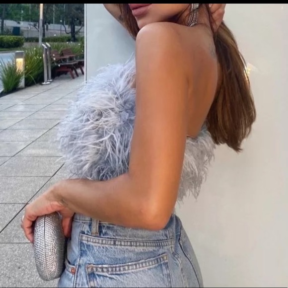 🎉New Arrival Sexy Light Gray Crop Ostrich Feather Tube Style Top - Medium - Picture 5 of 13